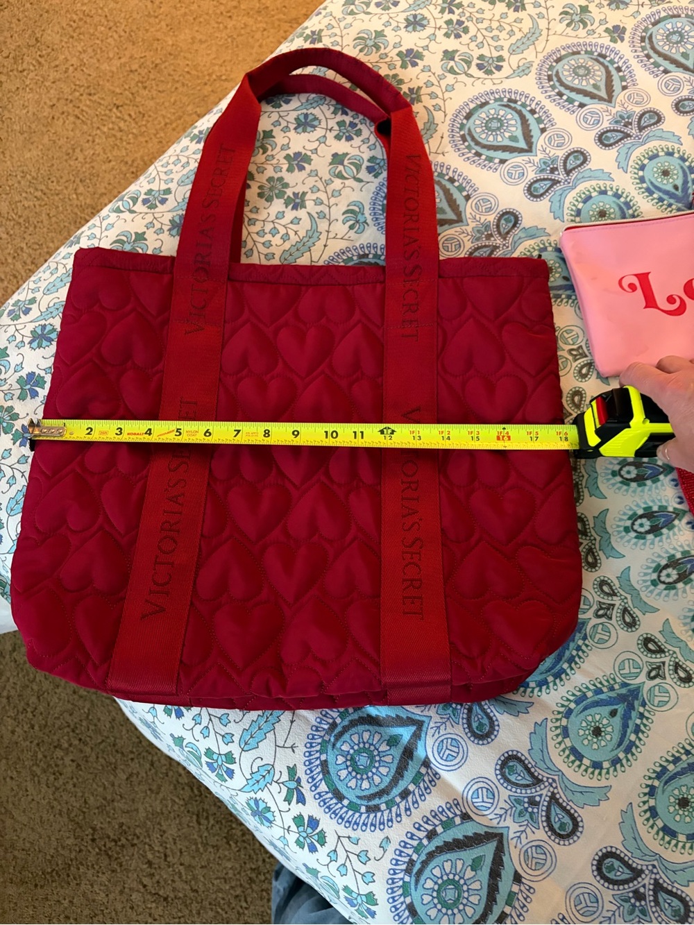 Victoria's Secret Red Quilted Tote with Pink 'Love' Pouch & heart pouch - Picture 7 of 9